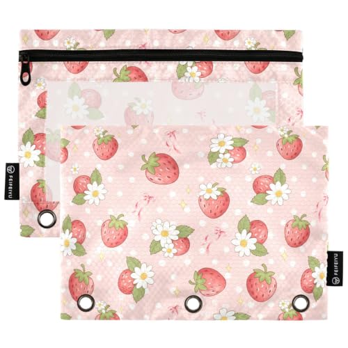 Gredecor 3 Ring Binder Pencil Pouch, Cute Pink Strawberry Bow (14) Zippered Pen Case Pouches with Clear Window, 2 Pack Stylish Office & School Supplie - color: Cute Pink Strawberry Bow (14)