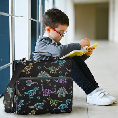VIGTRO Dinosaur Pattern with Neon Colors 3 Ring Zipper Binder 1.5 Inch Binder Organizer Bag with Shoulder Strap and Handle File Folder for Office Work 500 Sheet Capacity