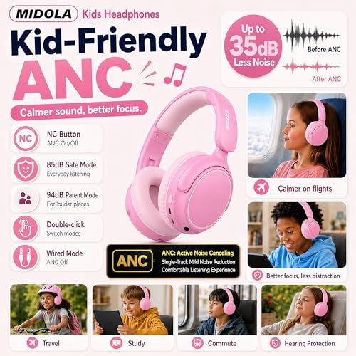 MIDOLA Active Noise Cancelling Kids Bluetooth Headphones,68H Play Time,Lightweight Wireless Foldable Over-Ear Headphone for Kid Toddler,Volume Limited 85/94dB,Headsets with Built-in Mic Pink - color: Pink