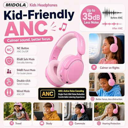 MIDOLA Active Noise Cancelling Kids Bluetooth Headphones,68H Play Time,Lightweight Wireless Foldable Over-Ear Headphone for Kid Toddler,Volume Limited 85/94dB,Headsets with Built-in Mic Pink - color: Pink