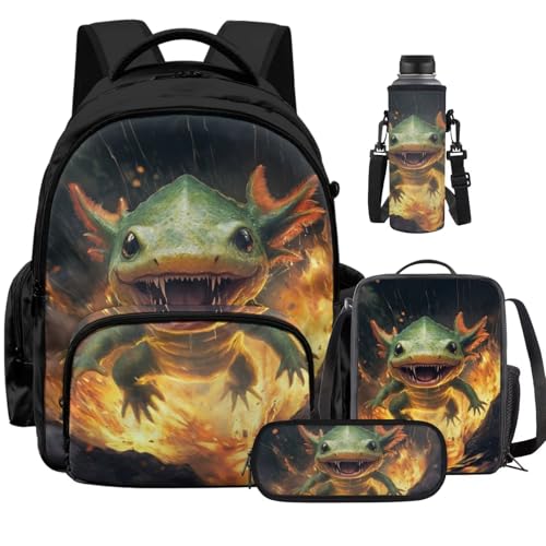 Cool Lizard Backpack for Boys Girls Bookbag with Lunch box and Water Bottle Carrier & Kawaii Pencil Case 4PCS Set Camo Backpack for School Daily, Shopping, Day Trips and Short Travel 17 inch - color: Cool Lizard