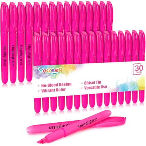 YEGEER 30 Pack Pink Highlighters Bulk, Quick Dry No Bleed Chisel Tip Markers for School Classroom Office Supplies, Teachers Students Adults Kids - color: Pink