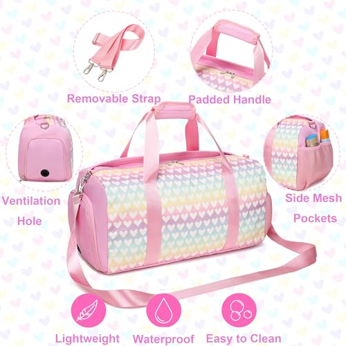 Jumpopack Glitter Dance Bag for Girls Duffle Bags Girls Overnight Bags Sleepover Gym Gymnastics Bag with Shoe Compartment and Wet Pocket,Heart Pattern - color: Pink Heart