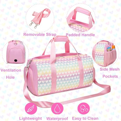 Jumpopack Glitter Dance Bag for Girls Duffle Bags Girls Overnight Bags Sleepover Gym Gymnastics Bag with Shoe Compartment and Wet Pocket,Heart Pattern - color: Pink Heart