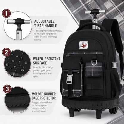AGSDON Rolling Backpack for Girls, 21" Women Roller Wheels Bookbag, Laptop Wheeled Suitcase School Backpacks with Lunch Bag for Teens - color: Square Black