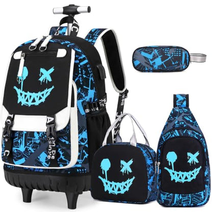Bevalsa Rolling Backpack for Boys, Roller Backpack with Wheels, Wheeled School Bag with Sling Bag, Lunch Box & Pen Case for Kids Children Teens Elementary Middle Student Glow In The Dark - color: Smile