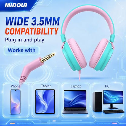 MIDOLA Kids Headphone Wired Volume Limited 85/94dB Over-Ear/On-Ear Foldable Headset with Microphone Hearing Protection Headphones for Toddler Boy Girl Child School Learning Pad Tablet Cyan - color: Cyan