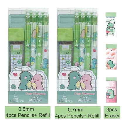 Cute Dinosaur Mechanical Pencil Set Includes 0.5mm and 0.7mm Pencils with Lead Refills and Erasers, Green Kawaii Mechanical Pencil for Women Girl Men Boy Office School Supplies (Dinosaur) - color: Dinosaur