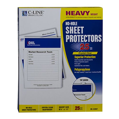 C-Line Top Loading Heavyweight Poly No-Hole Sheet Protectors, 8.5 x 11 Inches, 25 per Box (62907) - size: 1-Pack