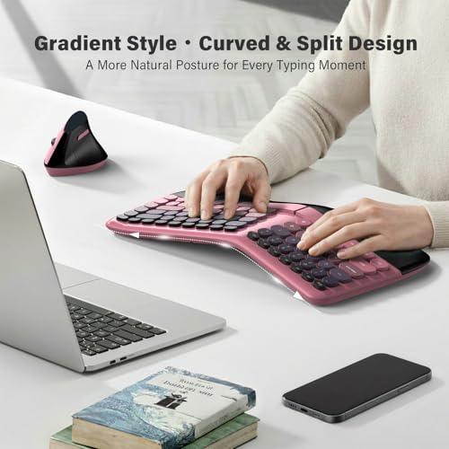 MOFII Wireless Ergonomic Keyboard & Mouse Combo – Split Curved Keyboard with Wrist Rest (All-Day Comfort) + Wireless Vertical Ergonomic Optical Mouse, Compatible with PC/Laptop/Desktop- Pink Gradient - color: Black Pink Gradient