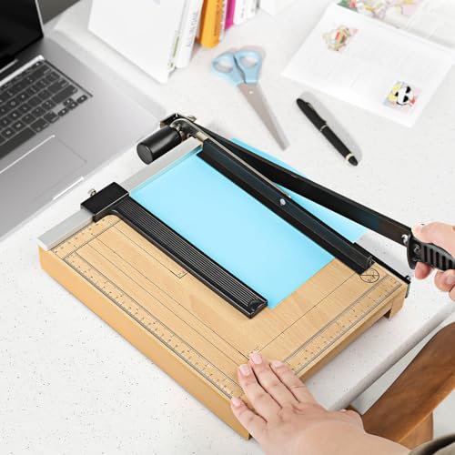 CreGear 12" Wood Paper Cutter, Heavy Duty Trimmer Cuts 12-16 Sheets | With wood base, dual-scale ruler, adjustable guide, safety guard rail, and blade lock for crafts, cardstock, and DIY projects
