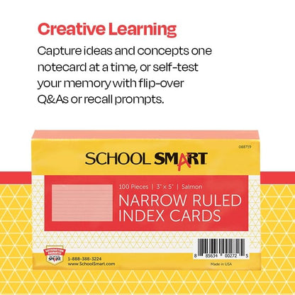 School Smart Ruled Index Cards, 3 x 5 Inches, Salmon, Pack of 100 - color: Salmon, size: 3 x 5 Inches