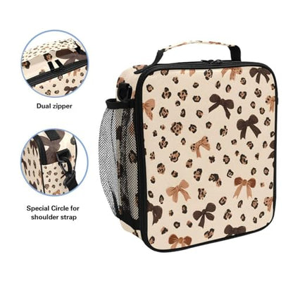 ALAZA Leopard Print Cheetah Bow Pattern Lunch Box Insulated Lunch Bag Kids Cooler Tote Bag Freezable Shoulder Strap Lunchbox for Girls School Picnic - color: Multi2354