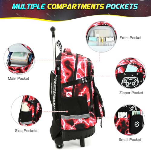 Scothen Rolling Backpack for Boys, Cool Luminous Gamer Roller School Backpacks for Boys with Lunch Bag and Pencil Pouch, Kids Backpack Bookbag with Wheels for Kindergarten Elementary Middle School - color: Red Lightning
