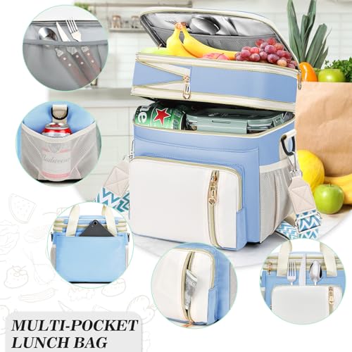 LOKASS Lunch Box for Women/Men-16L-Insulated Lunch Bag, Expandable Double-layer Leakproof Cooler Bag with Upgrade Adjustable Shoulder Strap Ideal for Work/Travel/Picnics（Sky Blue） - color: Sky Blue
