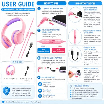 Kids Wired Headphones for School, Over-Ear Children's Headphones with Microphone, Foldable 85/94dB Volume Limited Headphones, 3.5mm & USB-C Compatible(Candy Pink) - color: Candy Pink