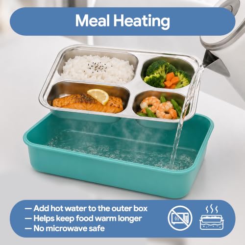 Large 10 x 7.5" Stainless Steel Bento Lunch Box with 4 Compartments Leakproof Lid BPA-Free 304 Stainless Steel Food Container That Keeps Food Separate for Adults and Kids School Office and Travel,Blue - color: Blue