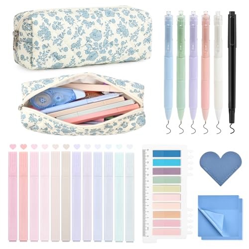 Aileam 22Pcs Book Annotation Kit Aesthetic Pencil Case with Supplies Annotation Supplies Gel Pen Transparent Sticky Note Taking Bible Reading Stationery Supplies (Blue Floral) - color: Blue Floral)