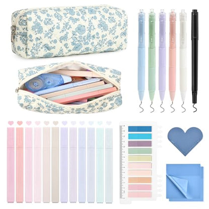 Aileam 22Pcs Book Annotation Kit Aesthetic Pencil Case with Supplies Annotation Supplies Gel Pen Transparent Sticky Note Taking Bible Reading Stationery Supplies (Blue Floral) - color: Blue Floral)