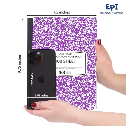 12 Pack - EPI Wide Ruled Marble Composition Notebook - Purple 200 Page Note Book - 9.75 x 7.5 Inch Hardcover Journal with Sewn Binding for Secure Pages - Classroom Back to School Supplies - color: Purple, size: 12
