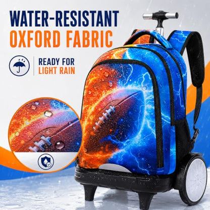 gxtvo Large Wheels & Quiet Glide | Rolling Backpack for Kids - Water-Resistant Wheeled Bag with Lunch Box for School, Travel & Outings - Fire & Lightning Rugby - color: Rolling Backpack Fire Lightning Rugby