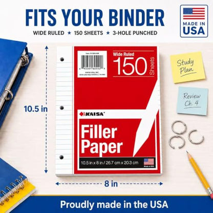 Kaisa loose Leaf Paper Filler Paper 1800 Sheets 8"x10.5",Wide Ruled, 3-Hole Punched for 3-Ring Binders, Carton of 12pack - color: Wide, size: 12pack
