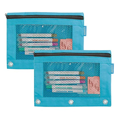 BAZIC PRODUCTS Retro Pastel 3-Ring Pencil Pouch with Mesh Window, 2-Pack | clear mesh window and a zipper closure for pens; pencils - color: Pastel Blue, size: 2-Pack
