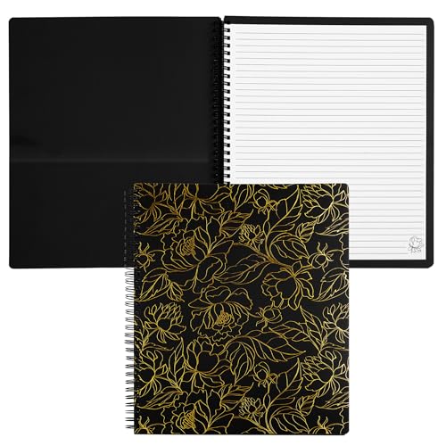 Steel Mill & Co. Cute Floral Large Spiral Notebook, Gold Foil Flower | 11" x 9.5" Journal with Durable Hardcover, 160 College Ruled, Perforated Pages, Rounded Corners, and Pocket Page - color: Gold Floral