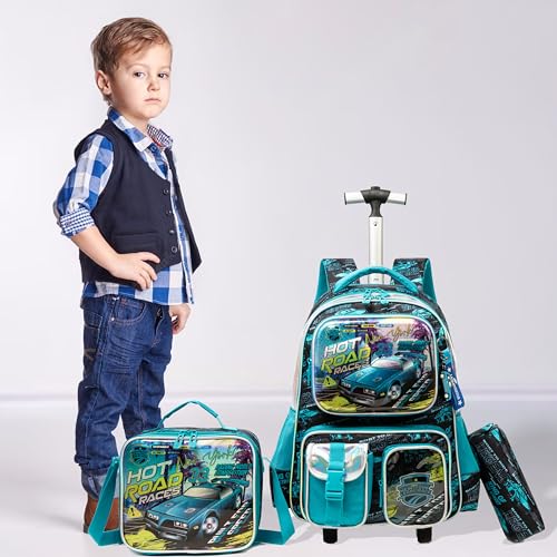 School Kids Rolling Backpack for Boys 17" Multiple Function Pockets - color: Blue-240525-lg