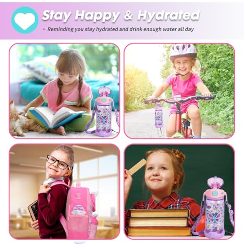Kids Water Bottle with Straw/Lanyard for School Kids Girls Boys, 22oz BPA Free Child Drinking Water Bottle One-Click-Open Leak-Proof Locking Flip Lid for School Sport Travel - color: H02. Butterfly