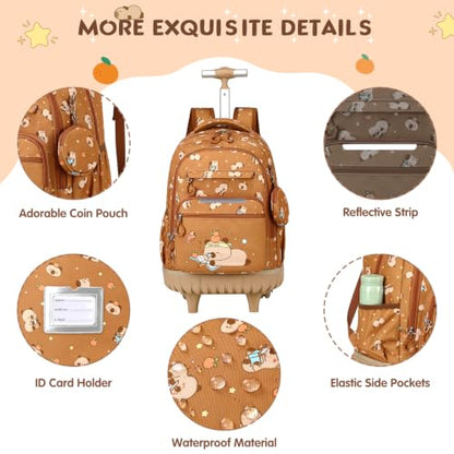 Rolling Backpack for Girls Boys, 3PCS Roller School Backpacks for Girls with Lunch Bag and Pencil Pouch, Kids Bookbag School Bag with Wheels for Kindergarten Elementary Middle School Travel - color: Brown