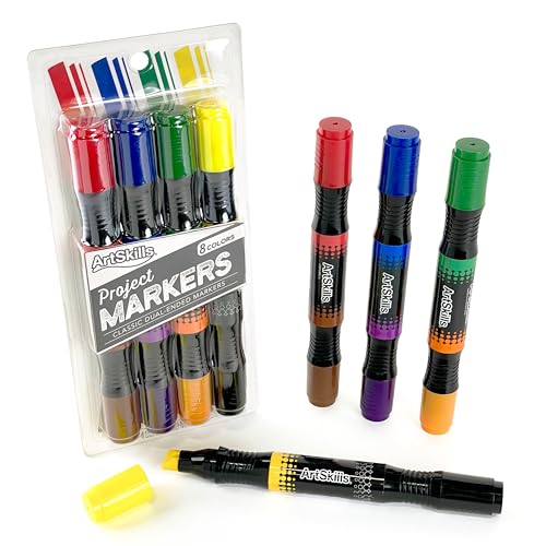 ArtSkills Dual-Ended Large Poster Markers, 8 Classic Colors, 4ct PA-4602 Standard | 4 Markers, Dual-Tip, 8 Classic Colors, Poster Board, Flip Chart, Anchor Chart Markers - color: Standard