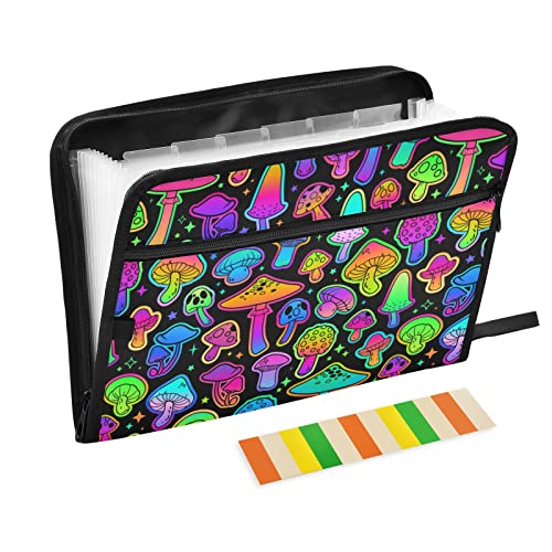 Expanding File Folder Mushroom Colorful with 13 Multicolored Pockets A4 Size Document Organizer with Color Labels Zipper Closure Portable Filing Pouch - color: Pattern 02