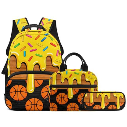 Ice Cream Basketball Print 3PCS Backpack Set with Lunch Bag Pencil Case for Girls Kids, 3 in 1 Lightweight 17 Inch Bookbag Backpacks for Middle High School Students - color: Ice Cream Basketball Print