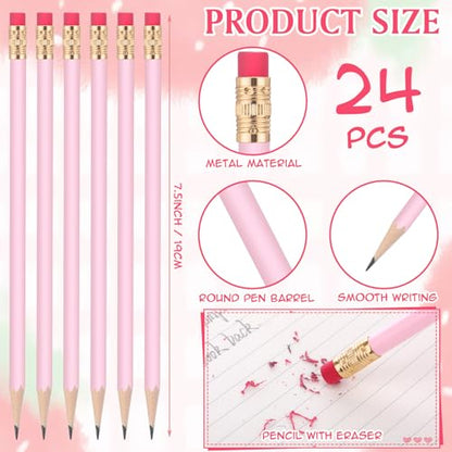 24 Pcs Round Pencils with Eraser 2 HB Cute Pencils Bulk for School Graphite Wood Color Unsharpened Pencil for Drawing Sketching Wedding School Teacher Supplies Student Reward(Pink) - color: Pink