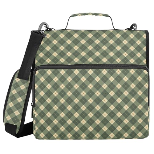 Olive Green Zipper Binder 3 Ring Binder with Zipper 1.5 Inch Shoulder Strap & Handle Binders Organizer Bag Gingham - color: Olive Green