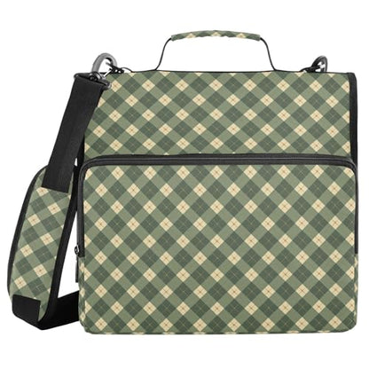Olive Green Zipper Binder 3 Ring Binder with Zipper 1.5 Inch Shoulder Strap & Handle Binders Organizer Bag Gingham - color: Olive Green