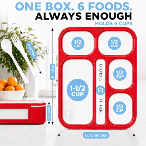 kinsho Bento Box Kids Lunch-Box, Snack Containers for Toddler Daycare, Leakproof School Bentobox 6 Compartment Container for Boys Girls Adults Lunches, Utensils, Red - color: Red