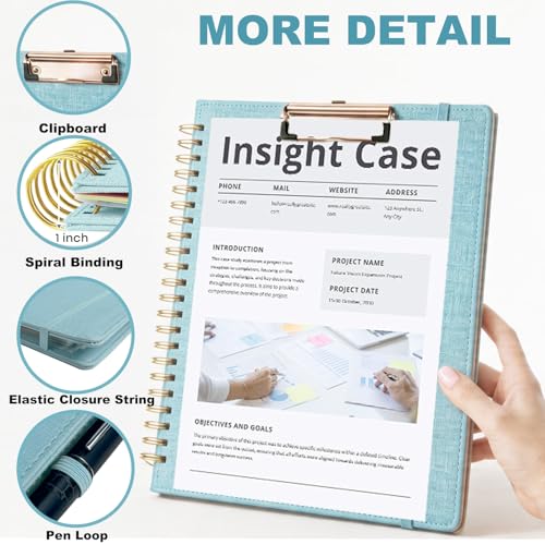 Blue Foldable Spiral Clipboard Folio with Storage Zipper Pouch, 5 Plastic Folders with Pockets,Refillable Lined Notepad (8.5" x 11"), Hardcover Project Organizer with 39 Stickers - color: Blue
