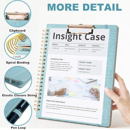 Blue Foldable Spiral Clipboard Folio with Storage Zipper Pouch, 5 Plastic Folders with Pockets,Refillable Lined Notepad (8.5" x 11"), Hardcover Project Organizer with 39 Stickers - color: Blue