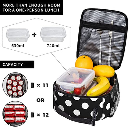 YETTA YANG Polka Dot Black And White Portable Lunch Bag Insulated Lunch Box Reusable Totes For Women Men Work Picnic Camping - color: Black11