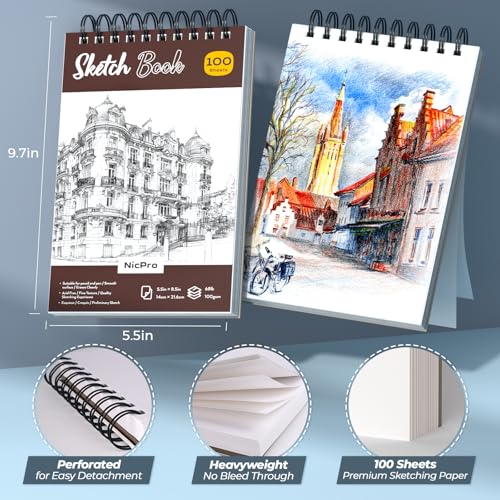 Nicpro 58 PCS Art Drawing Supplies Kit in Leather Case, Art Mechanical Pencil Set with Metal Drafting Pencil 0.3 & 0.5 & 0.7 & 0.9 & 2mm, 12 Micron Pen, Sketch Book, 30 Tube Lead Refills for Sketching