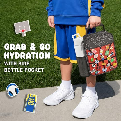 Fit & Fresh Customizable Charm Lunch Bag for Boys & Girls, Basketball Kids Lunch Box with 6 Sports Charms, Premium Insulated Reusable Lunch Tote for School - color: Midnight Hoops