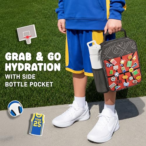 Fit & Fresh Customizable Charm Lunch Bag for Boys & Girls, Basketball Kids Lunch Box with 6 Sports Charms, Premium Insulated Reusable Lunch Tote for School - color: Midnight Hoops