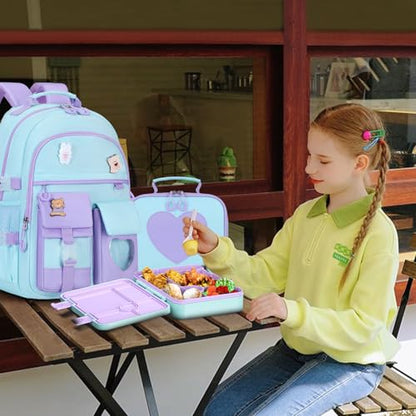 ACESAK Girls Backpack - Bento Box with Insulated Lunch Bag Pencil Case & Utensils Set for Kids, 6 Leakproof Compartments Removable Tray Lunches or Snack Container for School (Blue Purple) - color: Blue Purple