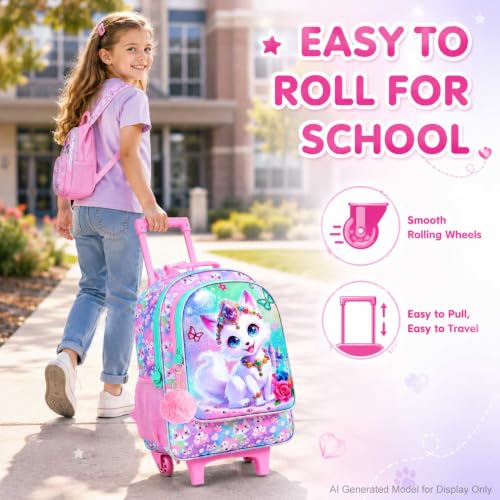 3Pcs Rolling Backpack for Girls, Kids Roller School Backpack with Wheels, Fox Wheeled Bookbag for Elementary Preschool Kindergarten(Pink) - color: Fox Pink