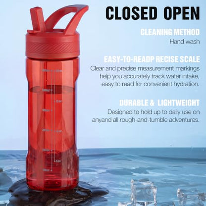 OLDLEY 20oz Kids Water Bottle with Straw, BPA-Free Tritan Water Bottle for School, Leakproof Clear Water Bottle with One Click Open, Measurement Scale, Cup Holder Friendly for Boys Girls,Pure Red - color: Pure Red