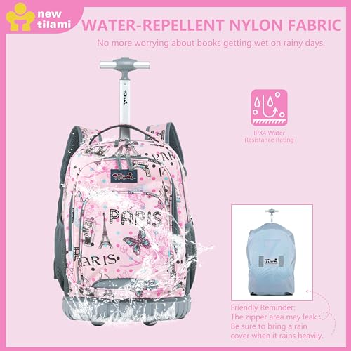 NEW TILAMI Rolling Backpack for Kids 18 Inch Wheeled Laptop Backpack Kids School Travel - color: Pink Paris
