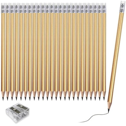Adhere 25pcs Woodcase Pencils with Eraser Premium Pre-Sharpened Hexagon Graphite 2B pencils ideal for home, office writing including a Free Sharpener - color: Gold・25pcs