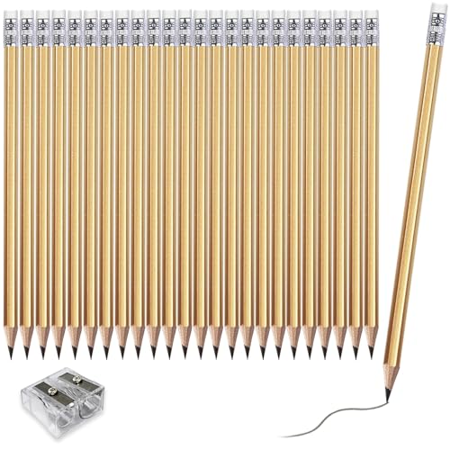 Adhere 25pcs Woodcase Pencils with Eraser Premium Pre-Sharpened Hexagon Graphite 2B pencils ideal for home, office writing including a Free Sharpener - color: Gold・25pcs